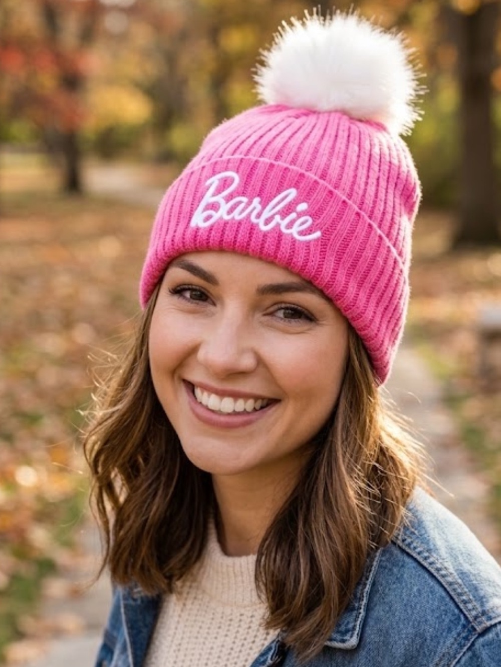 NWT Barbie Mattel Embroidered Pink Winter Beanie Faux Fur Pom Pom Ribbed Knit
O